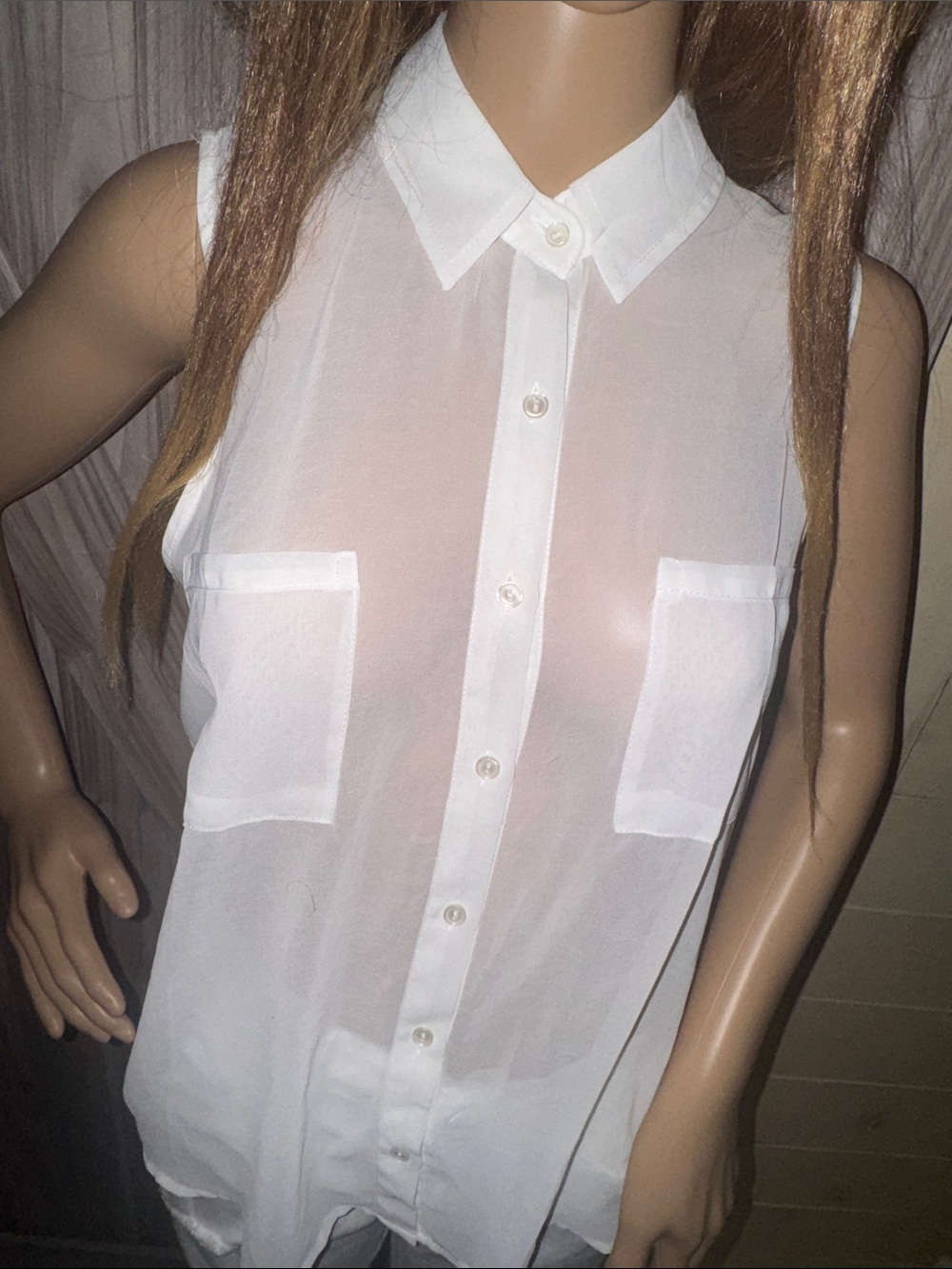 Sheer Button-Front Sleeveless Blouse - White